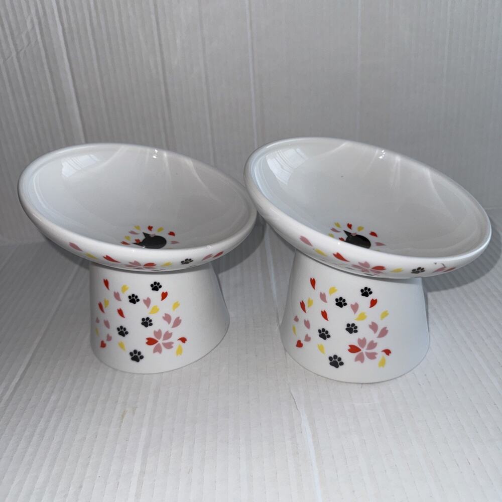 Necoichi Raised Cat Food Bowl in the Botanical Garden pattern. 2 Bowls